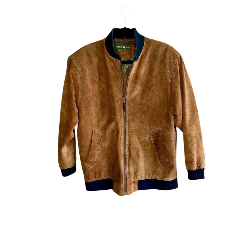 Outback Red Men’s Jacket 90s Brown Suede Leather Full Zip Bomber Size Medium